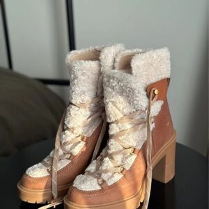 Dolce Vita Tan and Cream Sherpa Lace-Up Block Heel Boots